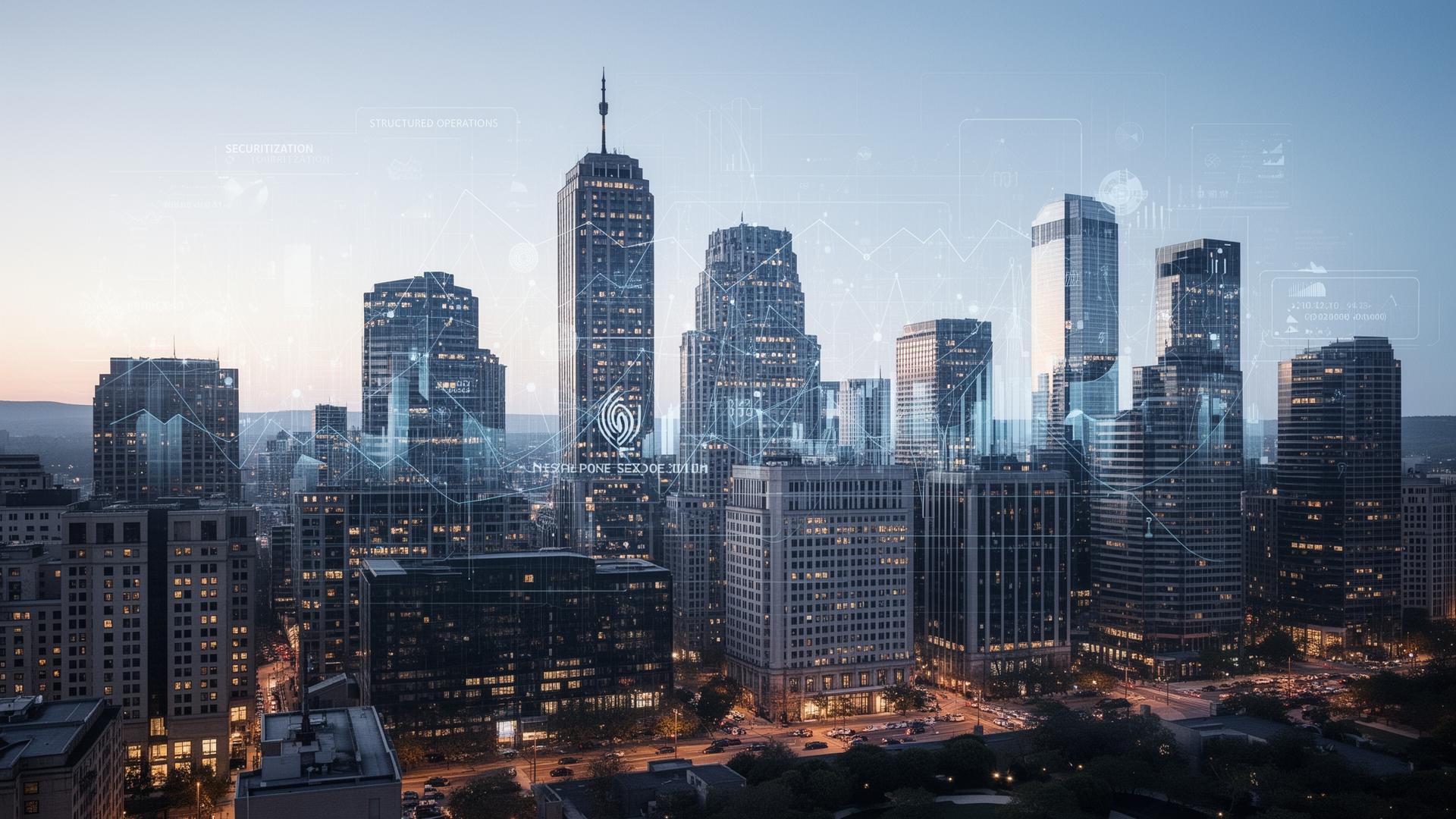 Skyline corporativo com indicadores de operações estruturadas