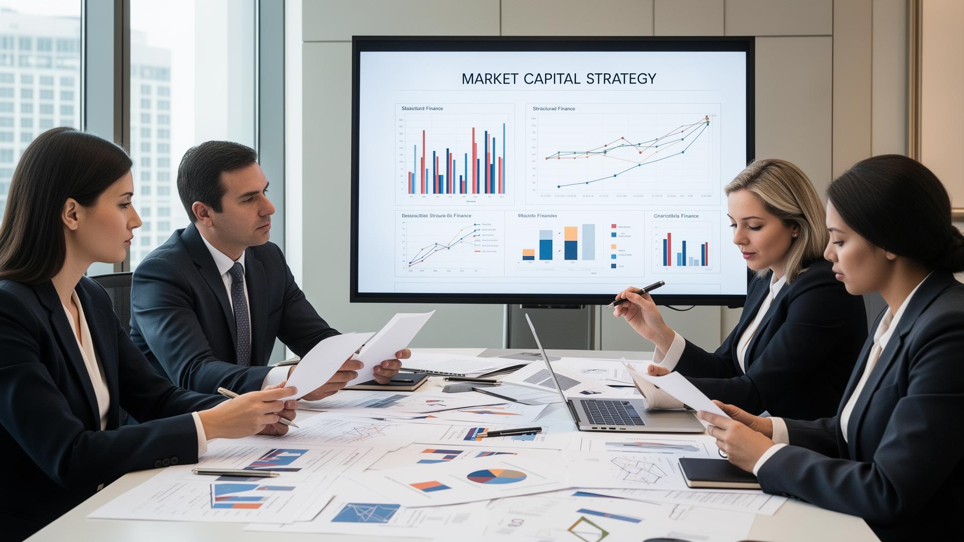 Equipe financeira analisando documentos e gráficos estratégicos