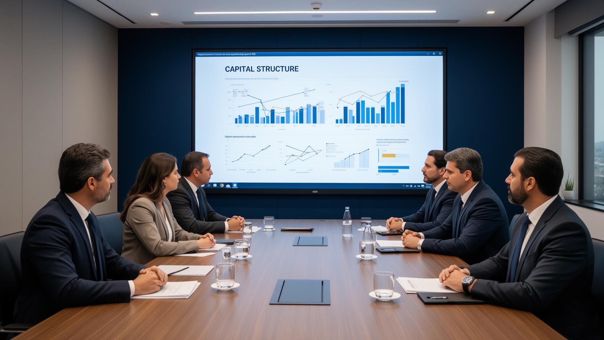 Executivos em reunião estratégica sobre estrutura de capital